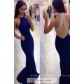 Simple Long Evening Gown Royal Blue Beads Crystal Mermaid Court Train Sexy Evening Dress 2017